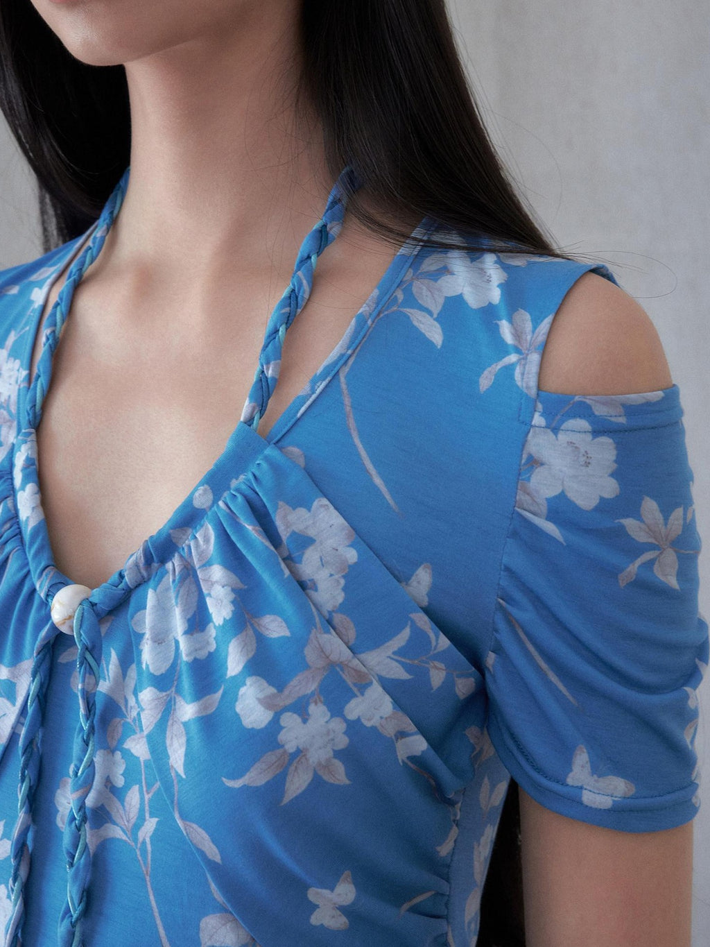 SENSELF Blue Cutout Halter Off Shoulder Beaded Knit Women's Short Sleeve T-shirts