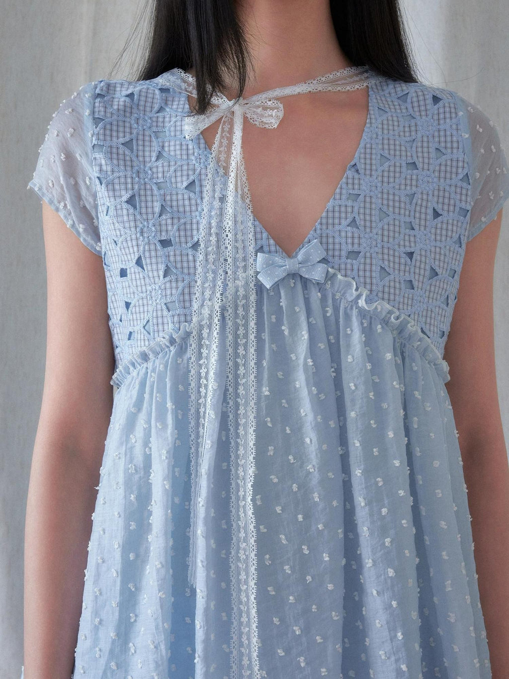 SENSELF Blue Floral Cutout Lace Tie Reversible Deep V Women's Lace Shirts