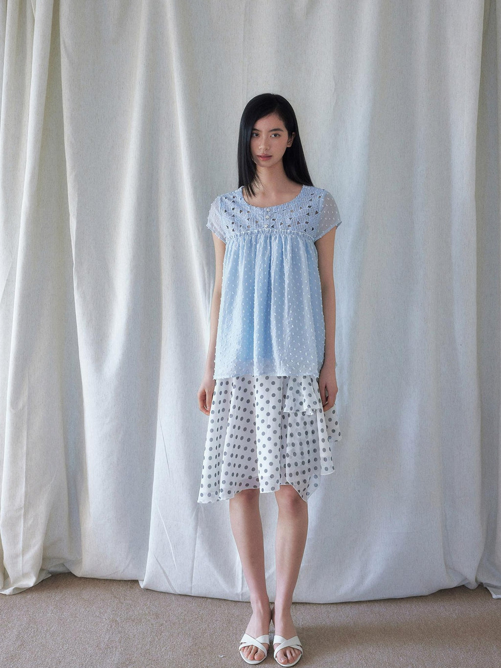 SENSELF Blue Floral Cutout Lace Tie Reversible Deep V Women's Lace Shirts