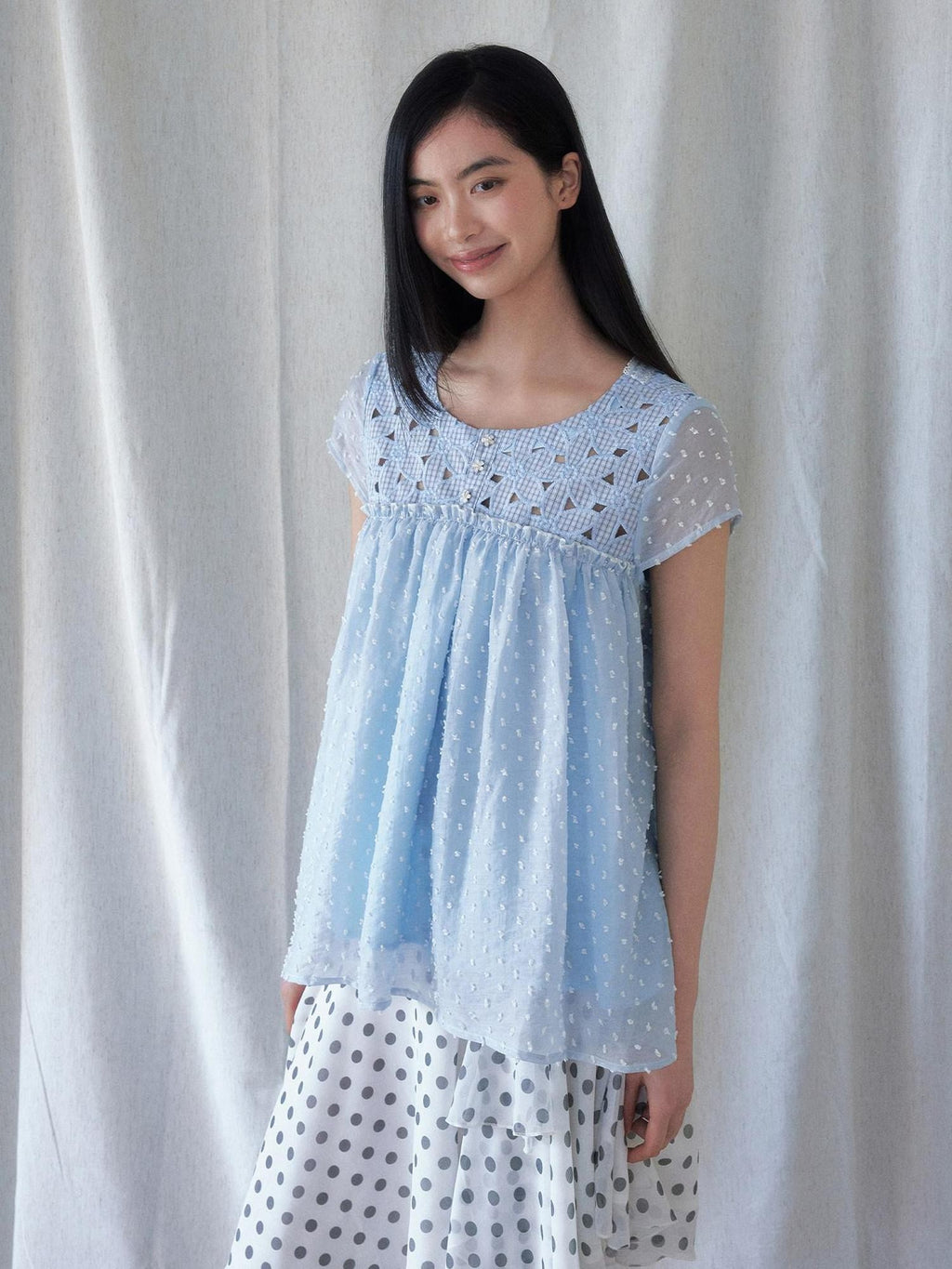 SENSELF Blue Floral Cutout Lace Tie Reversible Deep V Women's Lace Shirts
