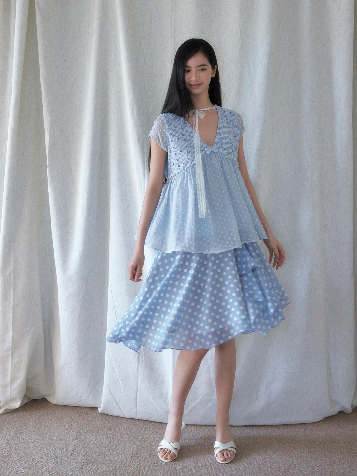 SENSELF Blue Floral Cutout Lace Tie Reversible Deep V Women's Lace Shirts