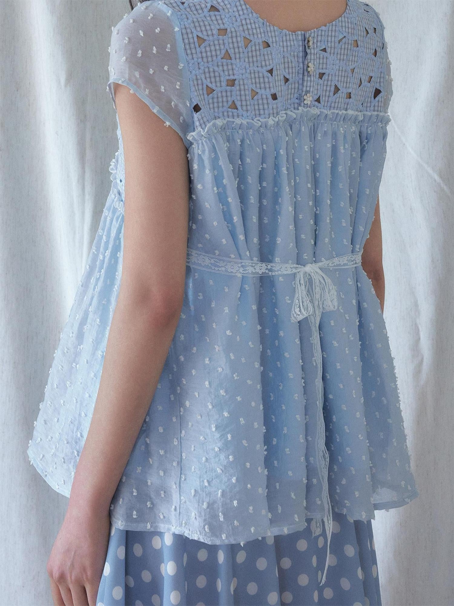 SENSELF Blue Floral Cutout Lace Tie Reversible Deep V Women's Lace Shirts