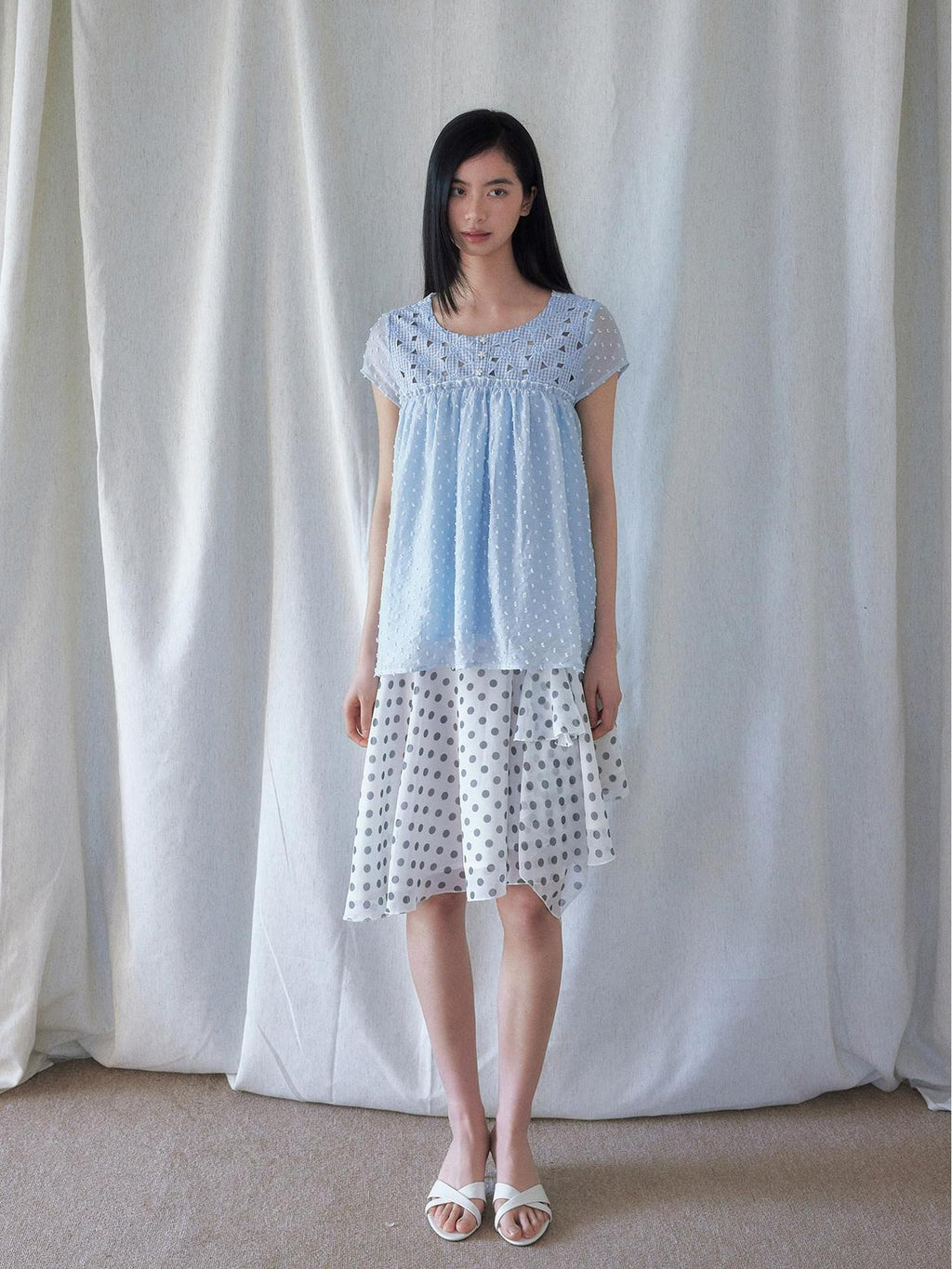 SENSELF Blue Floral Cutout Lace Tie Reversible Deep V Women's Lace Shirts