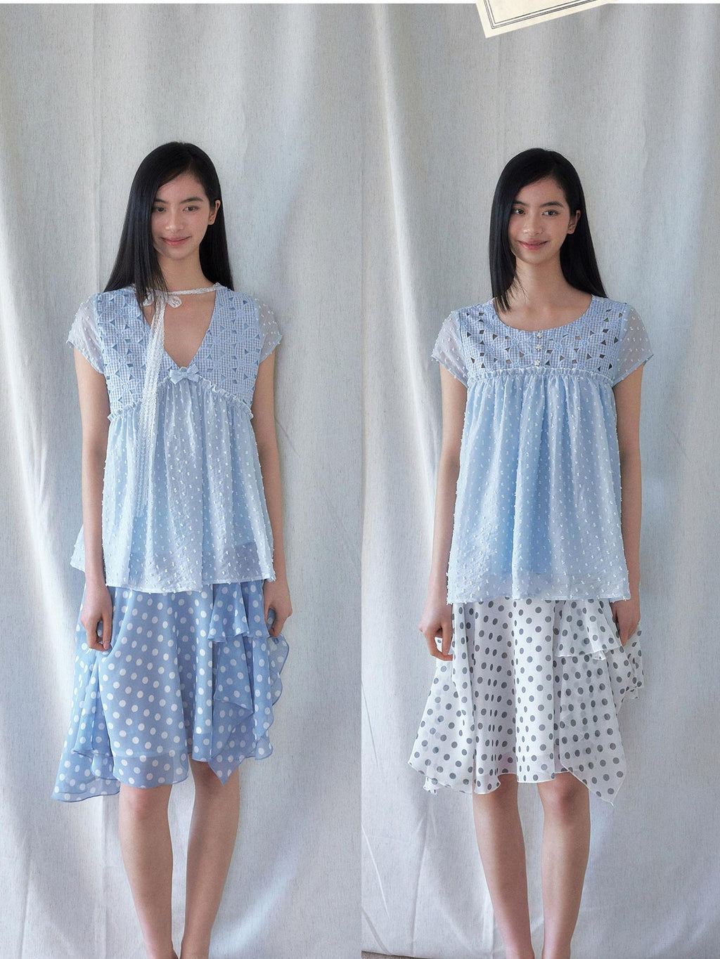 SENSELF Blue Floral Cutout Lace Tie Reversible Deep V Women's Lace Shirts