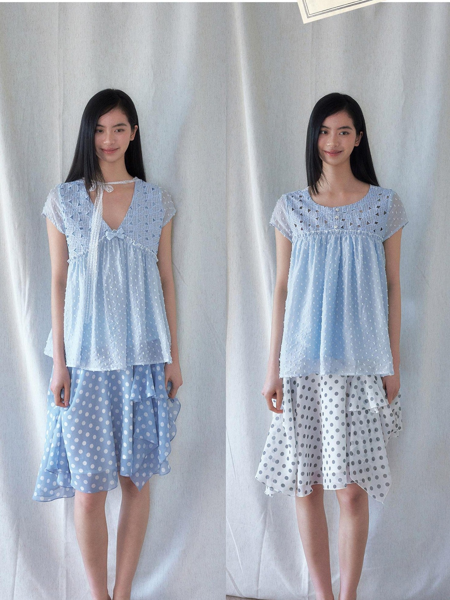 SENSELF Blue Floral Cutout Lace Tie Reversible Deep V Women's Lace Shirts