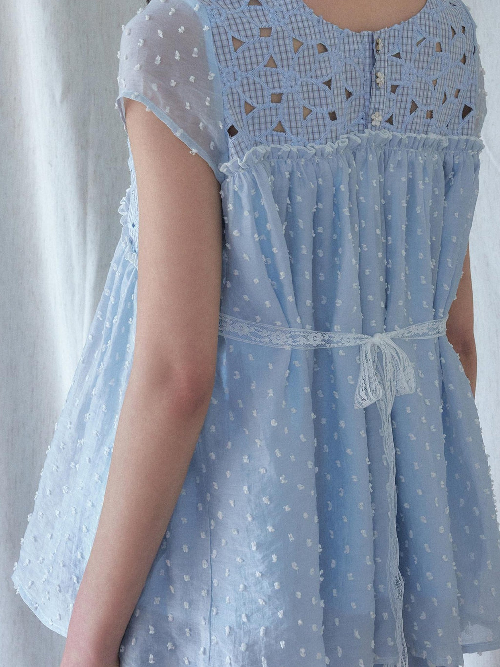 SENSELF Blue Floral Cutout Lace Tie Reversible Deep V Women's Lace Shirts