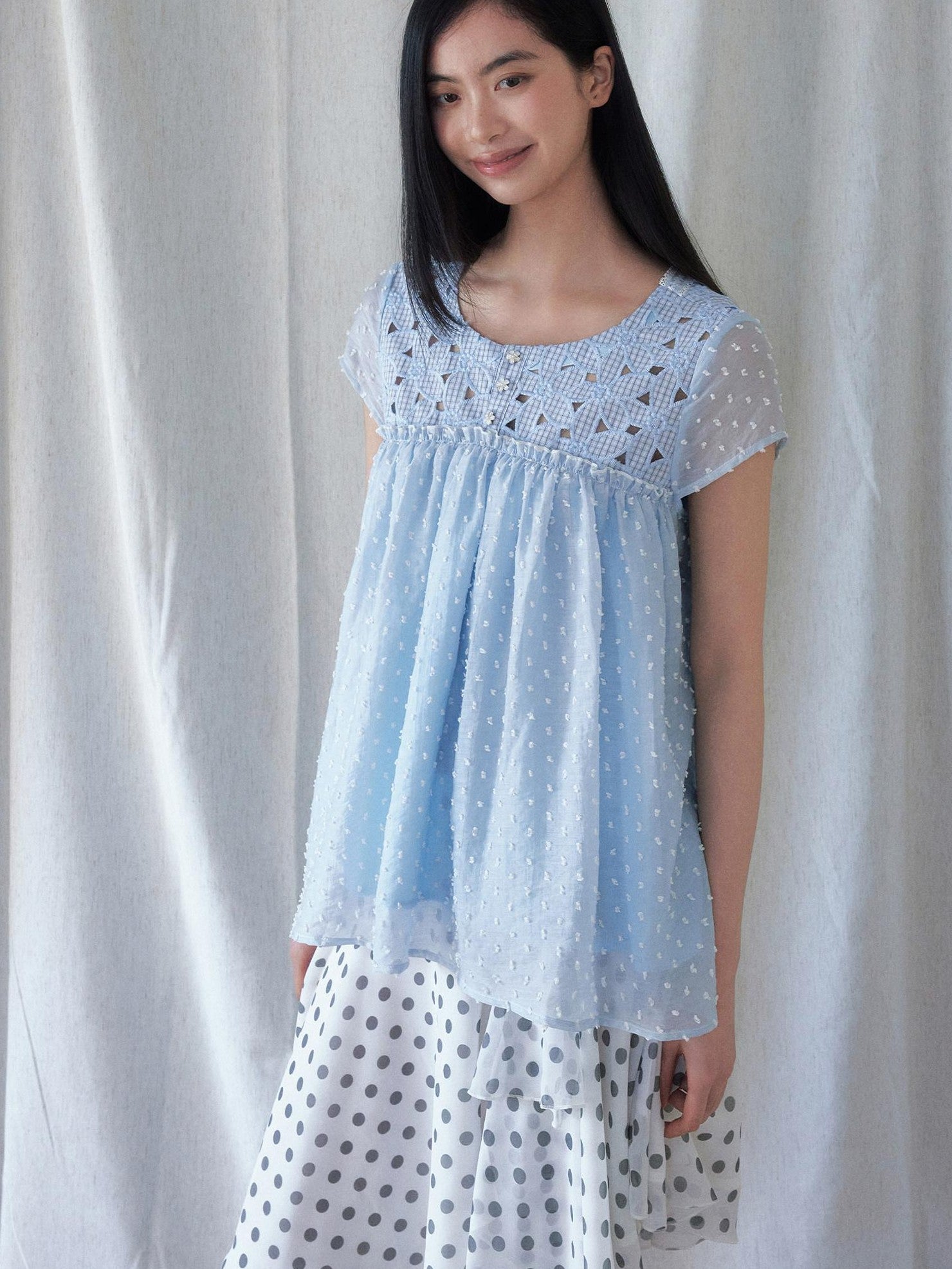 SENSELF Blue Floral Cutout Lace Tie Reversible Deep V Women's Lace Shirts