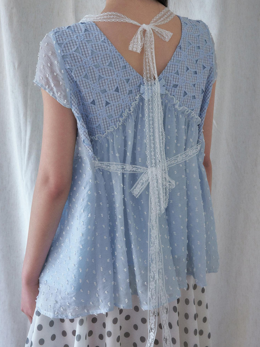 SENSELF Blue Floral Cutout Lace Tie Reversible Deep V Women's Lace Shirts