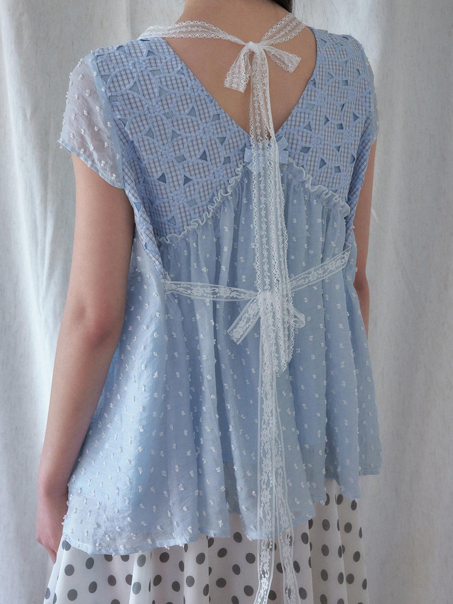 SENSELF Blue Floral Cutout Lace Tie Reversible Deep V Women's Lace Shirts