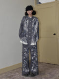 SENSELF Blue Gray Printed Detachable Strap Loose Women's Wide-leg Pants
