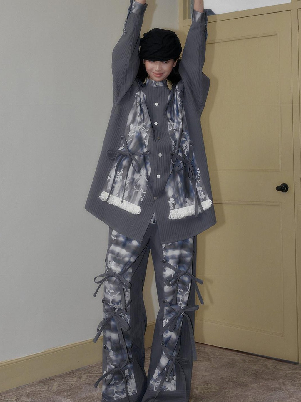 SENSELF Blue Gray Printed Detachable Strap Loose Women's Wide-leg Pants