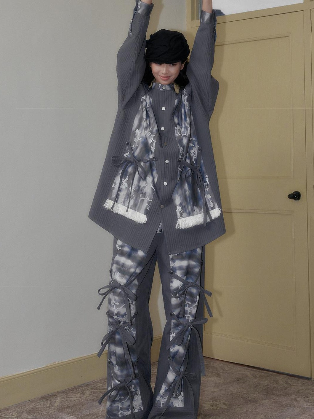 SENSELF Blue Gray Printed Detachable Strap Loose Women's Wide-leg Pants