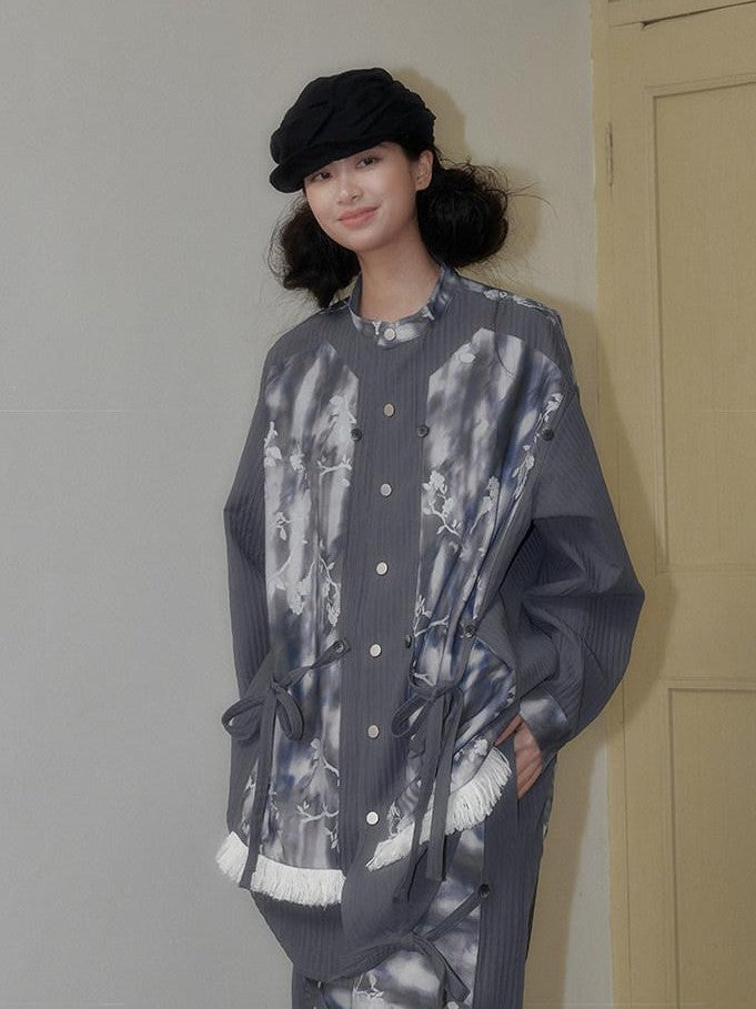 SENSELF Blue Gray Printed Detachable Strap Loose Women's Wide-leg Pants