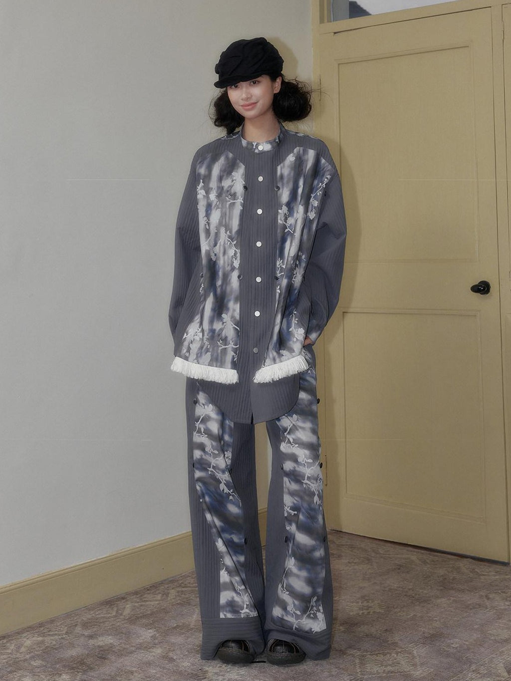 SENSELF Blue Gray Printed Detachable Strap Loose Women's Wide-leg Pants