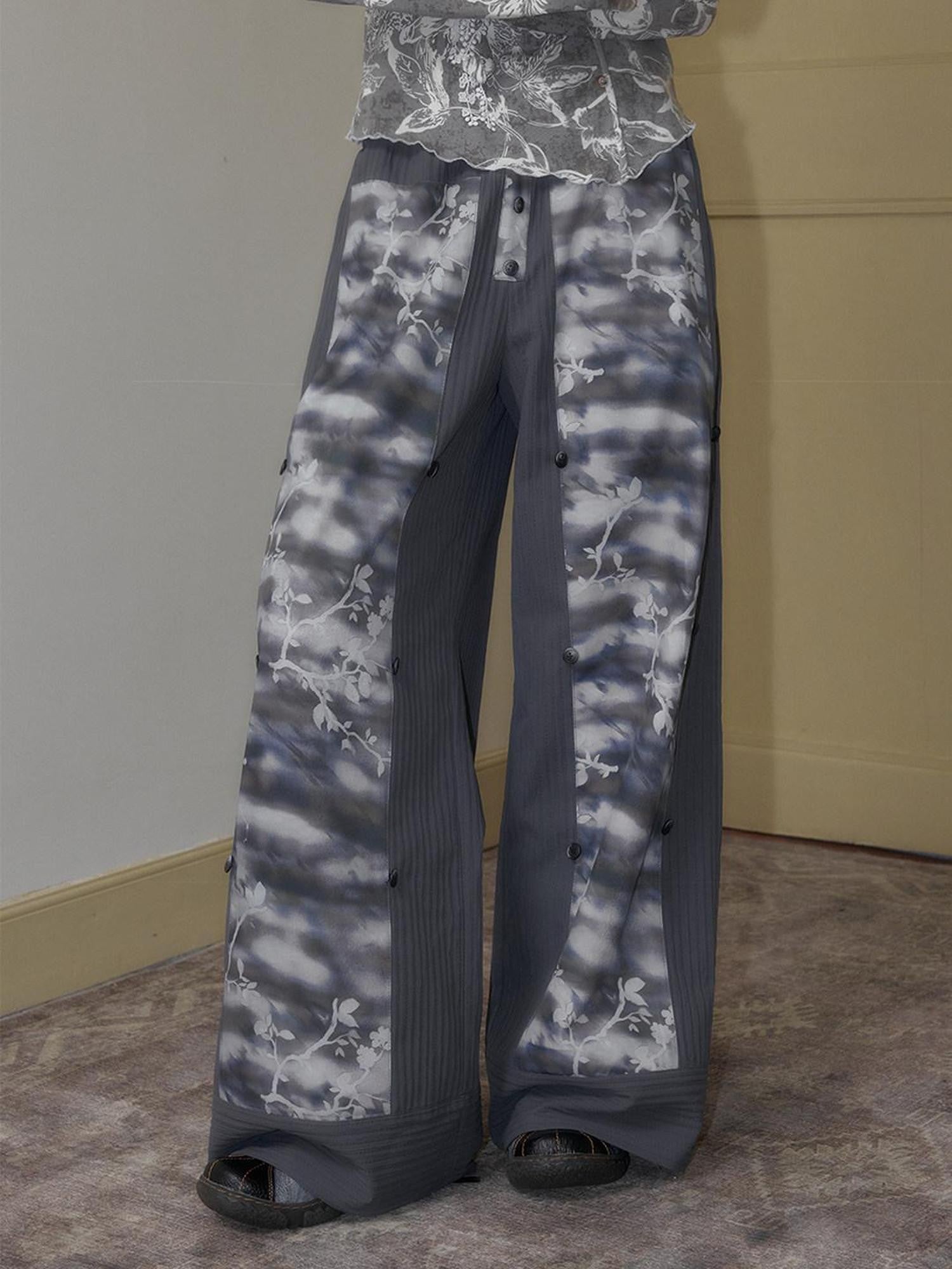 SENSELF Blue Gray Printed Detachable Strap Loose Women's Wide-leg Pants