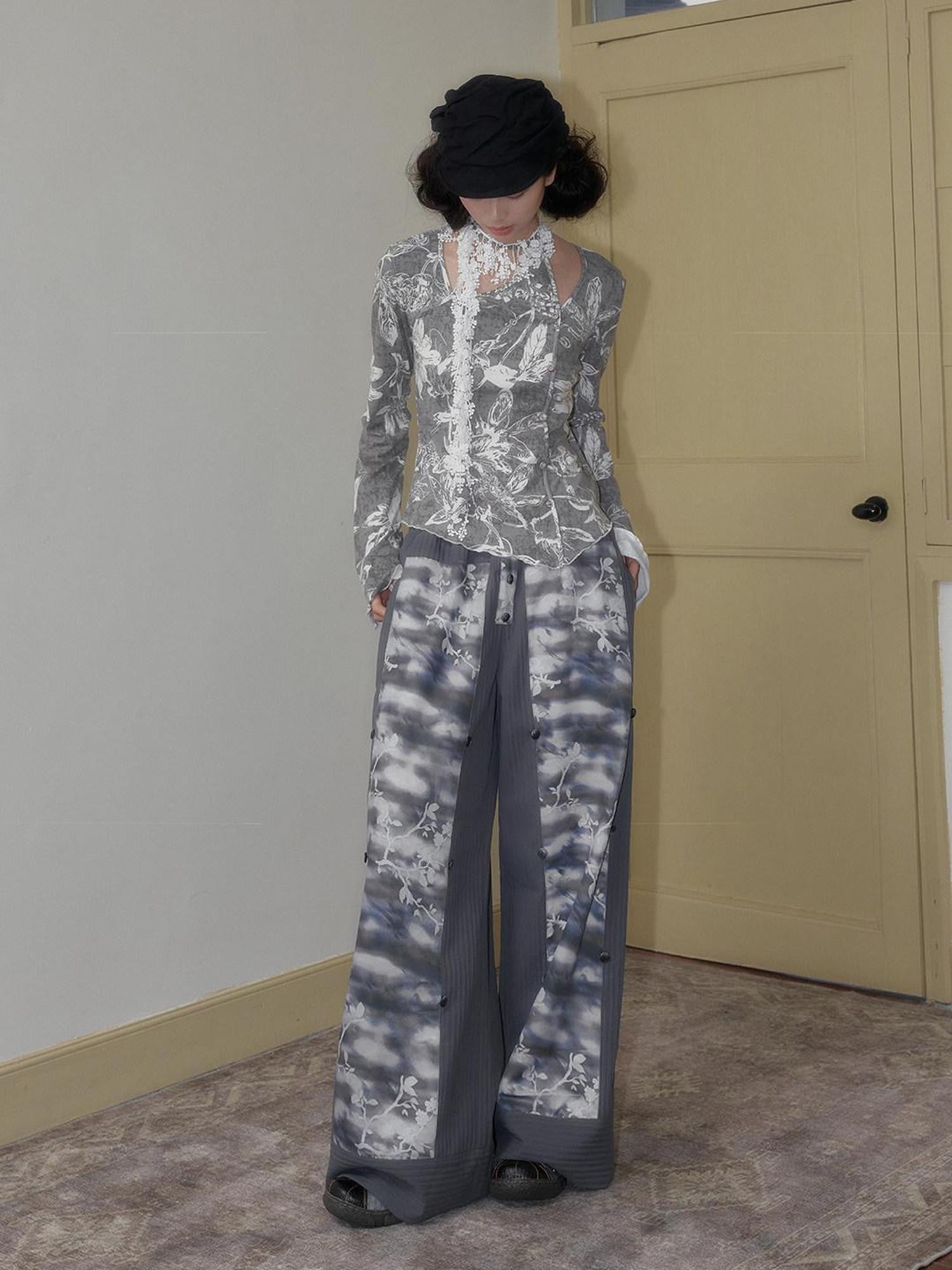 SENSELF Blue Gray Printed Detachable Strap Loose Women's Wide-leg Pants