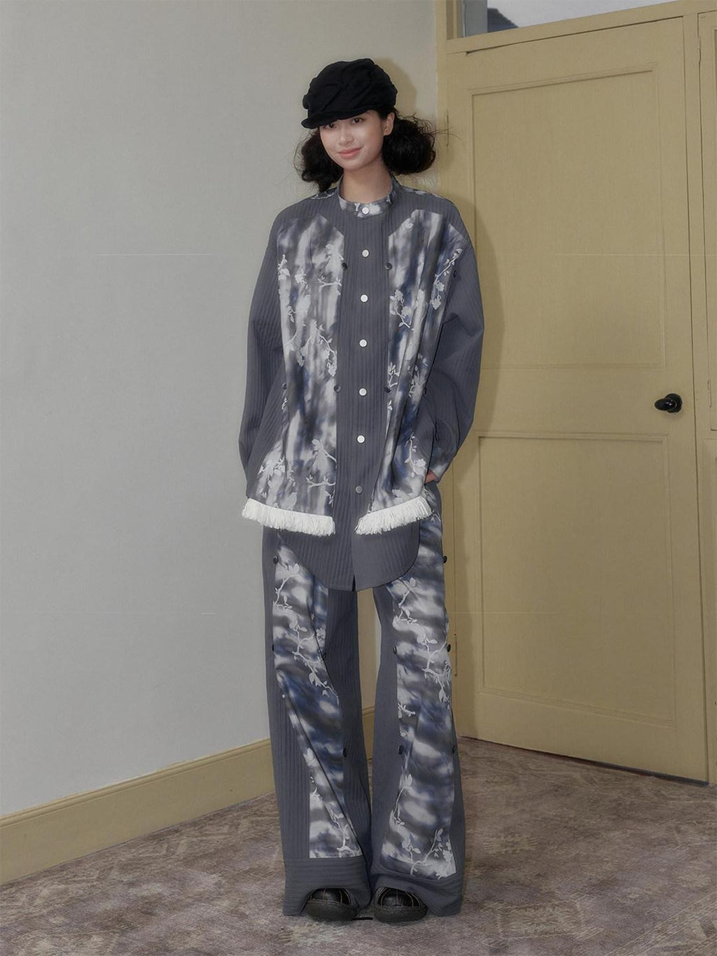 SENSELF Blue Gray Printed Detachable Strap Loose Women's Wide-leg Pants