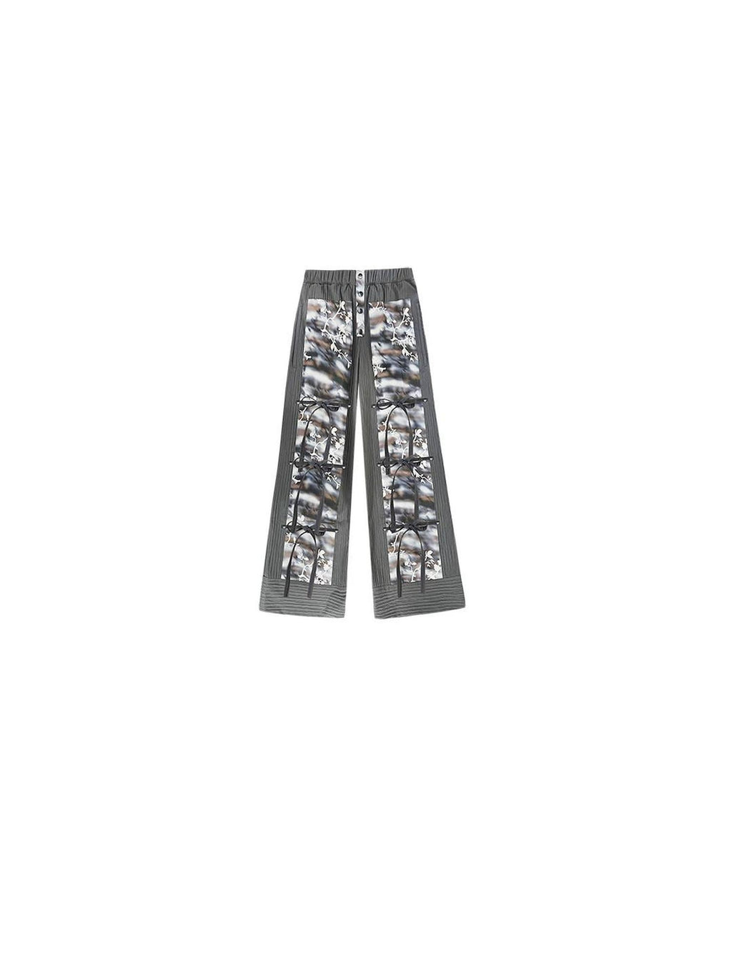 SENSELF Blue Gray Printed Detachable Strap Loose Women's Wide-leg Pants