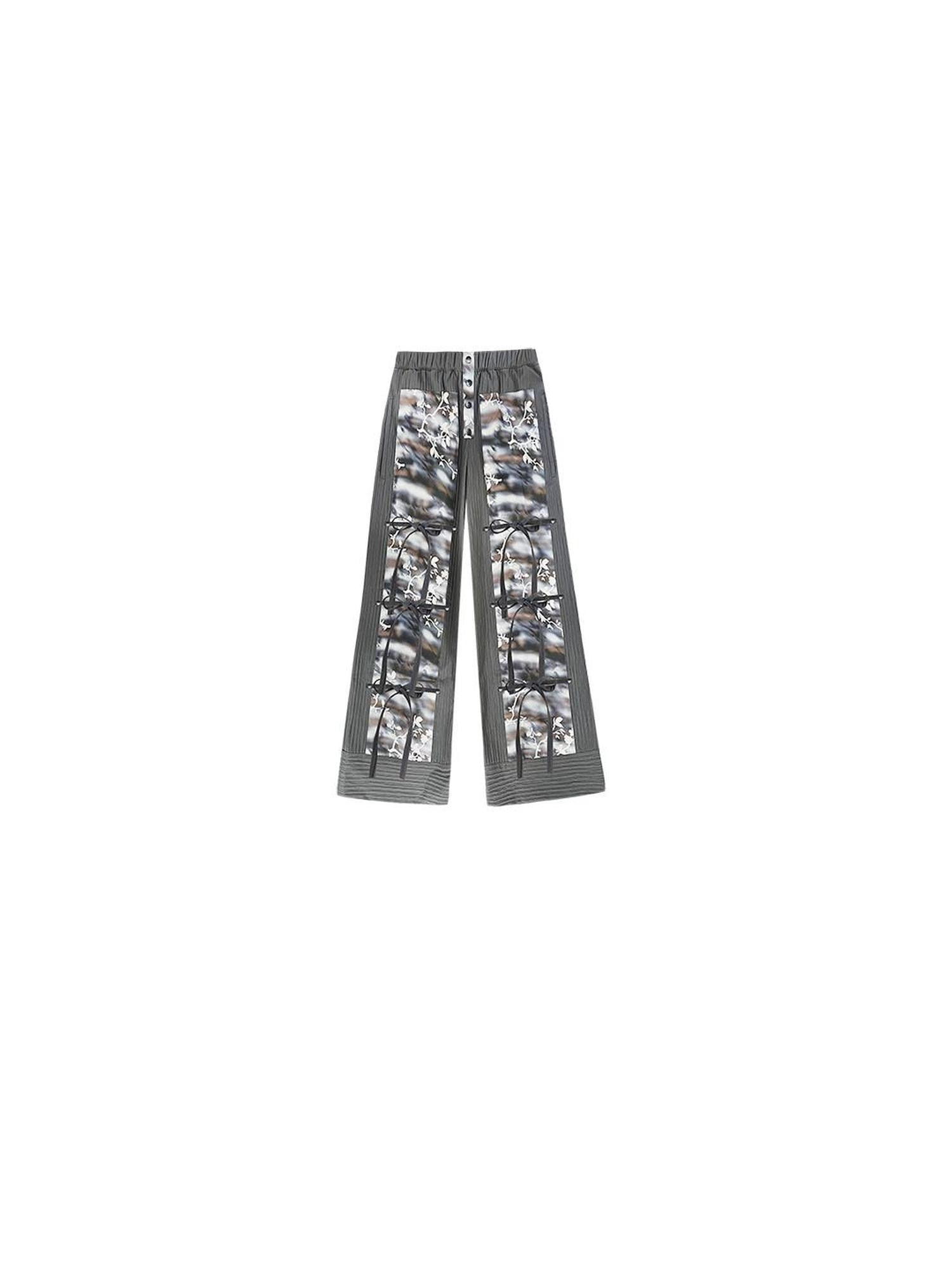 SENSELF Blue Gray Printed Detachable Strap Loose Women's Wide-leg Pants