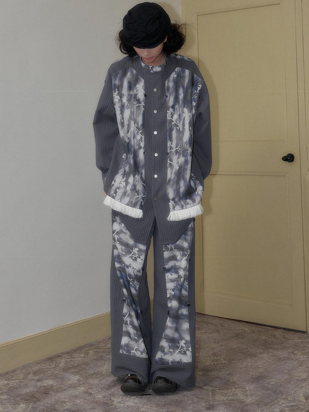 SENSELF Blue Gray Printed Detachable Strap Loose Women's Wide-leg Pants