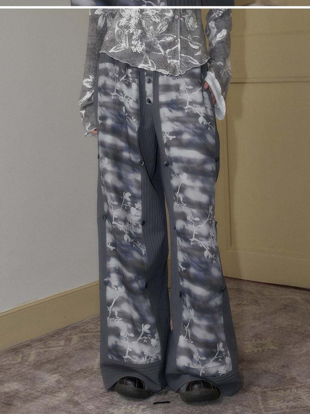 SENSELF Blue Gray Printed Detachable Strap Loose Women's Wide-leg Pants