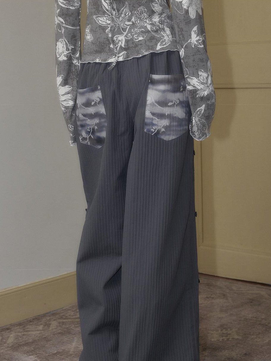 SENSELF Blue Gray Printed Detachable Strap Loose Women's Wide-leg Pants