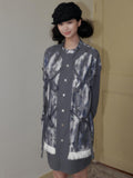 SENSELF Blue Gray Printed Detachable Tie Straps New Chinese Women's Oversized Shirts