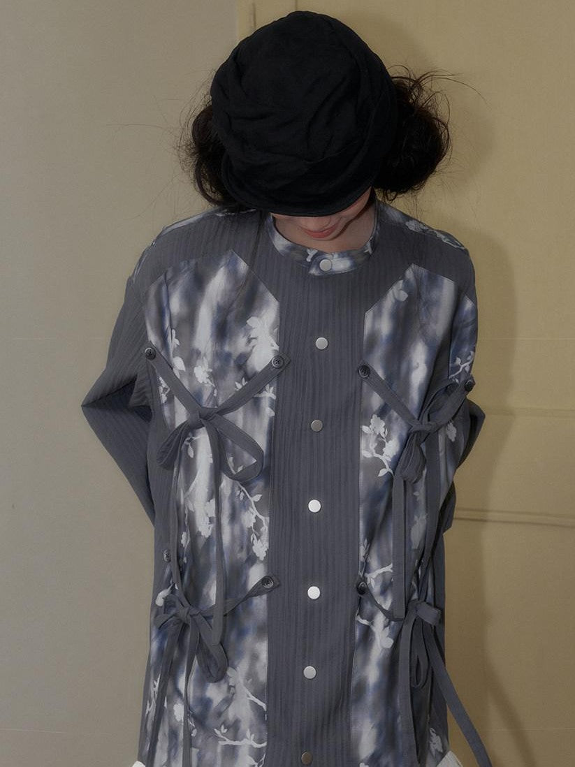 SENSELF Blue Gray Printed Detachable Tie Straps New Chinese Women's Oversized Shirts