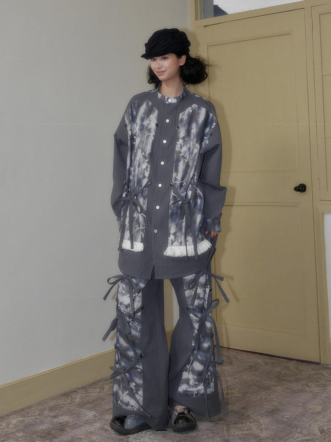 SENSELF Blue Gray Printed Detachable Tie Straps New Chinese Women's Oversized Shirts