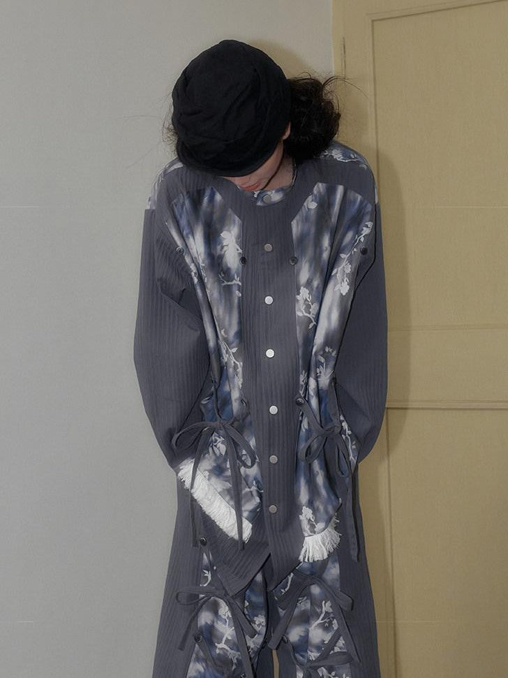SENSELF Blue Gray Printed Detachable Tie Straps New Chinese Women's Oversized Shirts