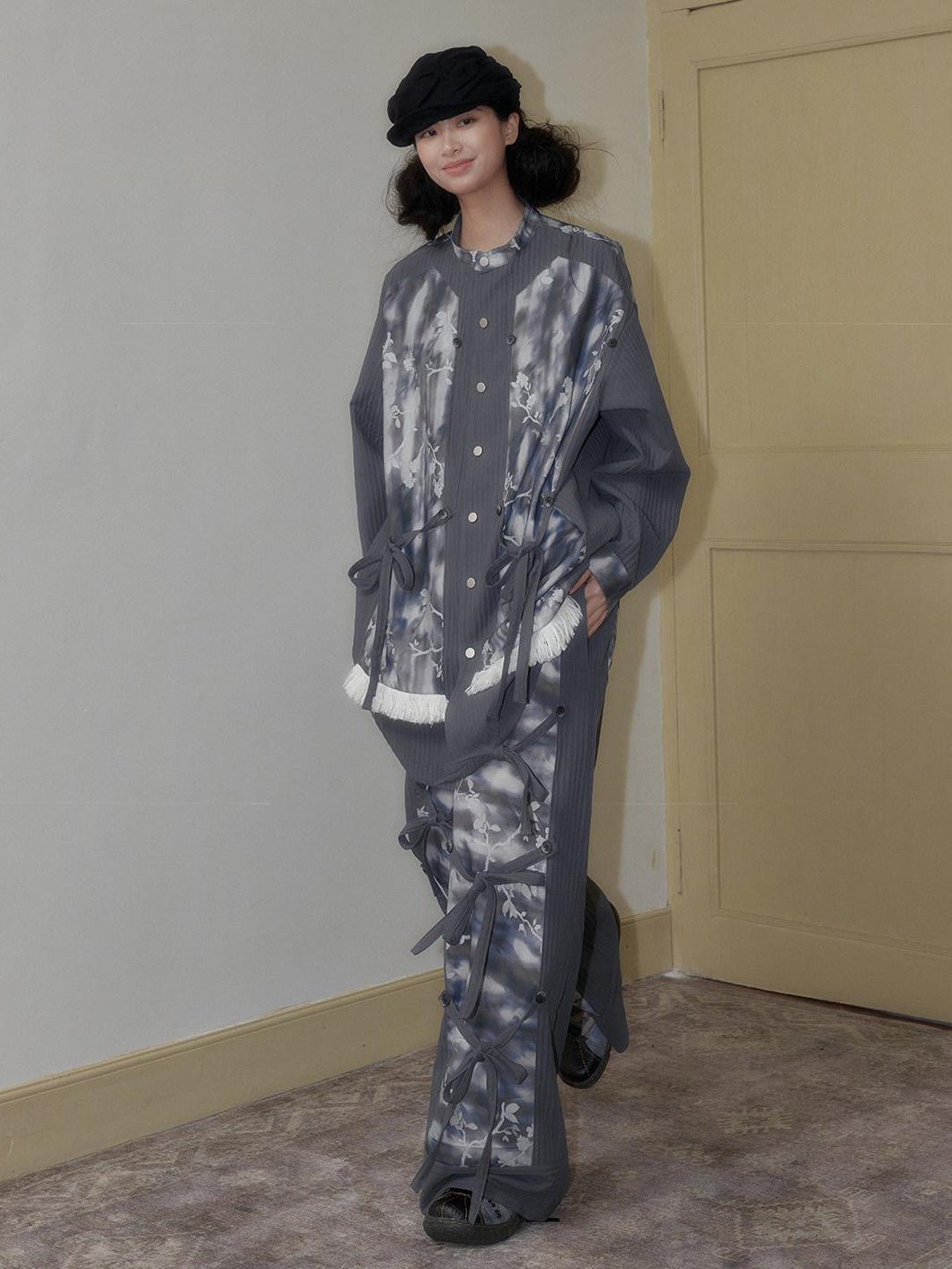 SENSELF Blue Gray Printed Detachable Tie Straps New Chinese Women's Oversized Shirts
