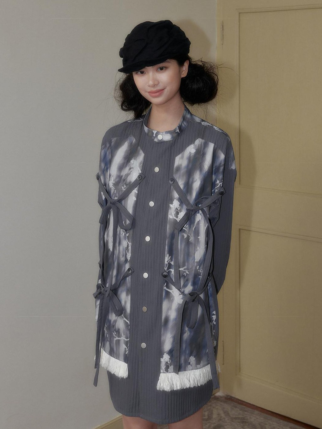 SENSELF Blue Gray Printed Detachable Tie Straps New Chinese Women's Oversized Shirts