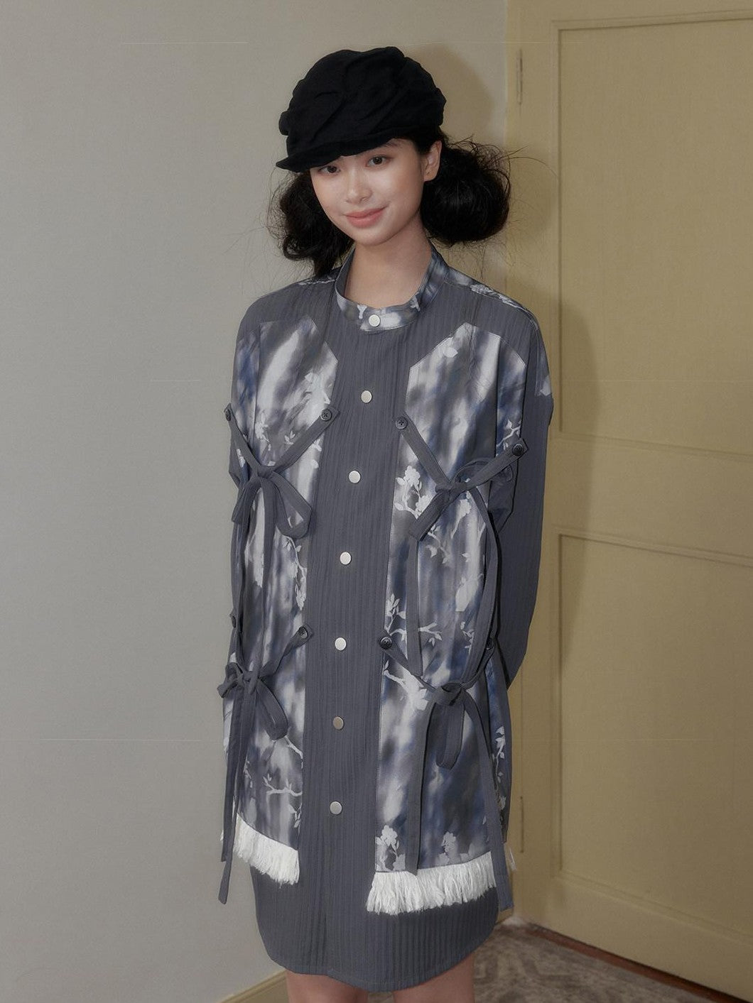 SENSELF Blue Gray Printed Detachable Tie Straps New Chinese Women's Oversized Shirts