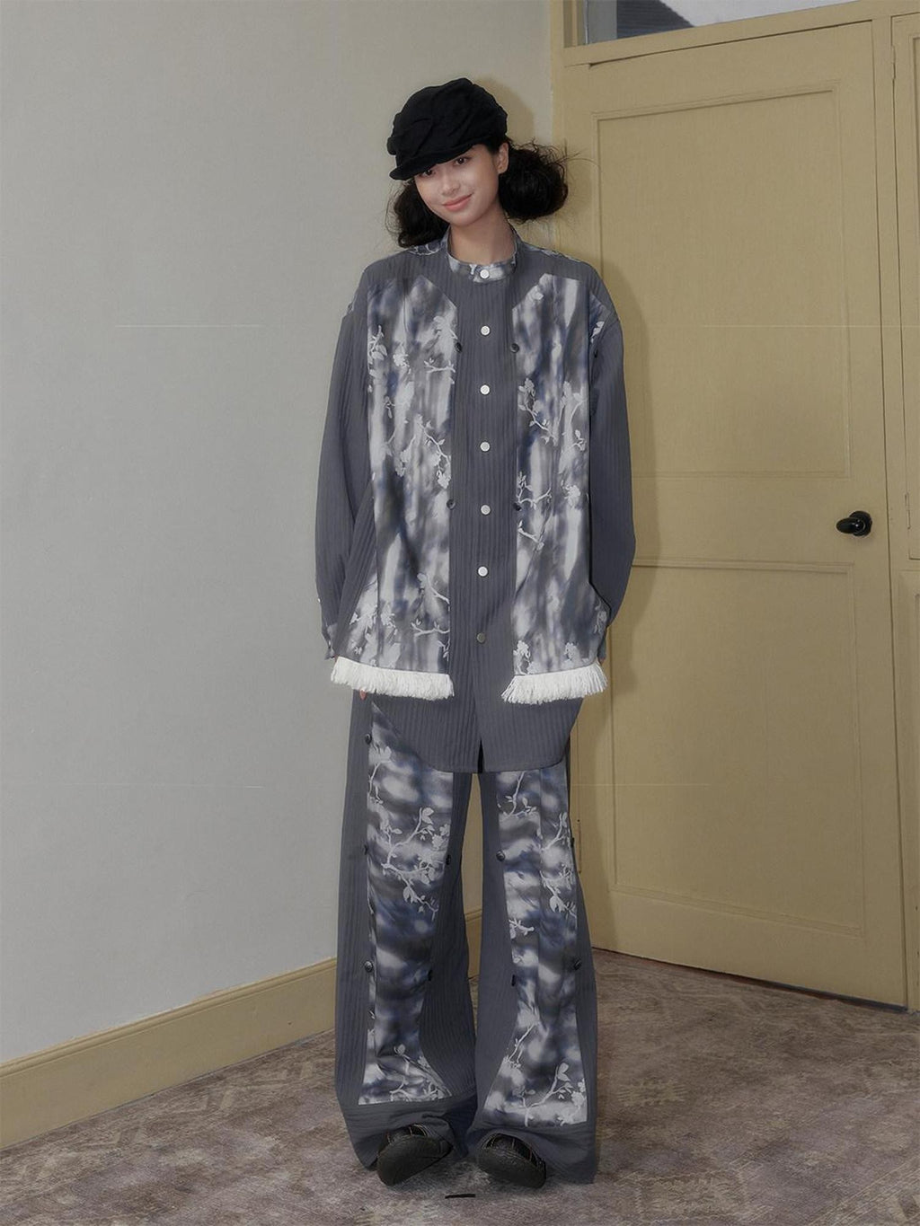 SENSELF Blue Gray Printed Detachable Tie Straps New Chinese Women's Oversized Shirts