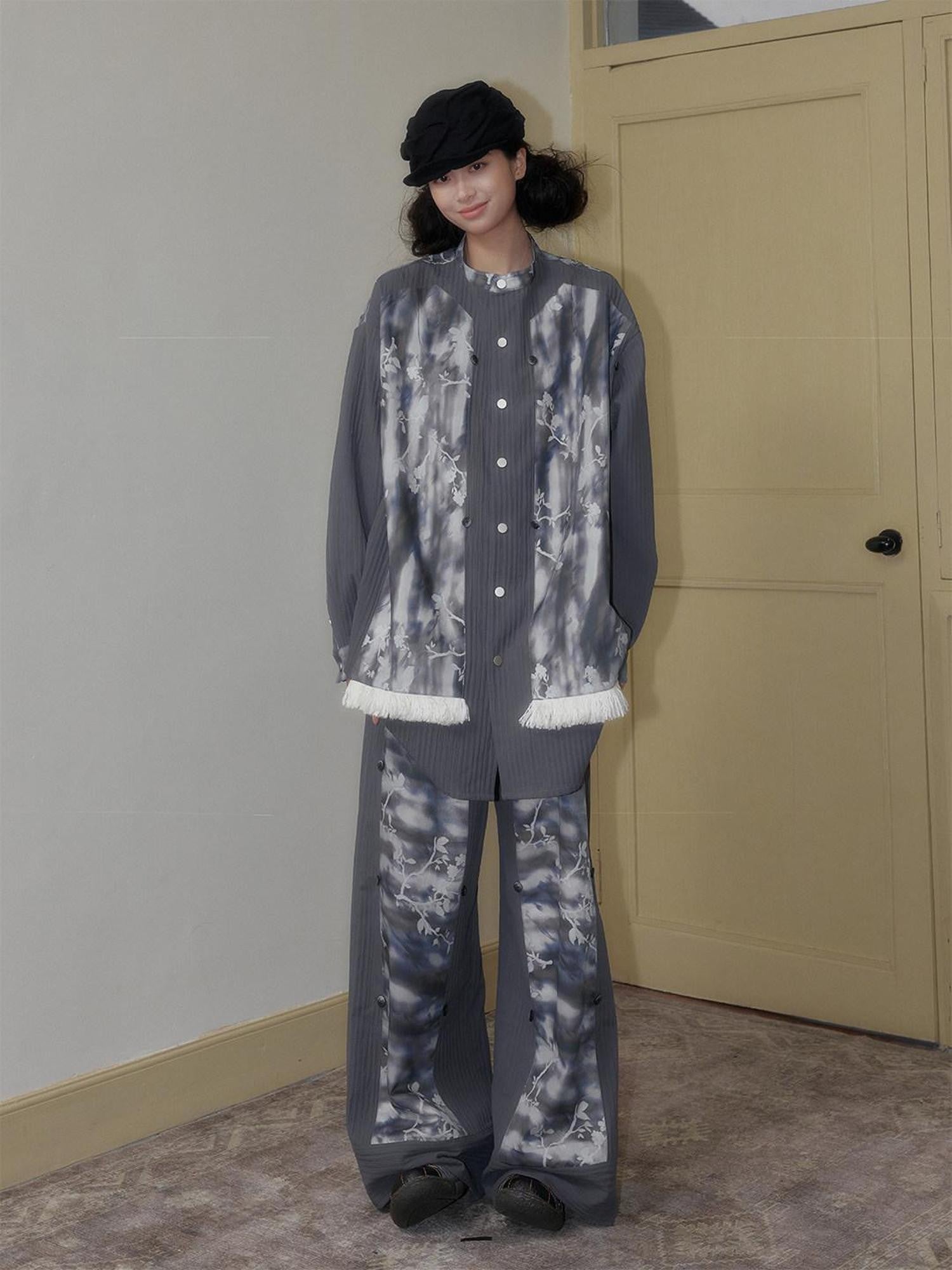 SENSELF Blue Gray Printed Detachable Tie Straps New Chinese Women's Oversized Shirts