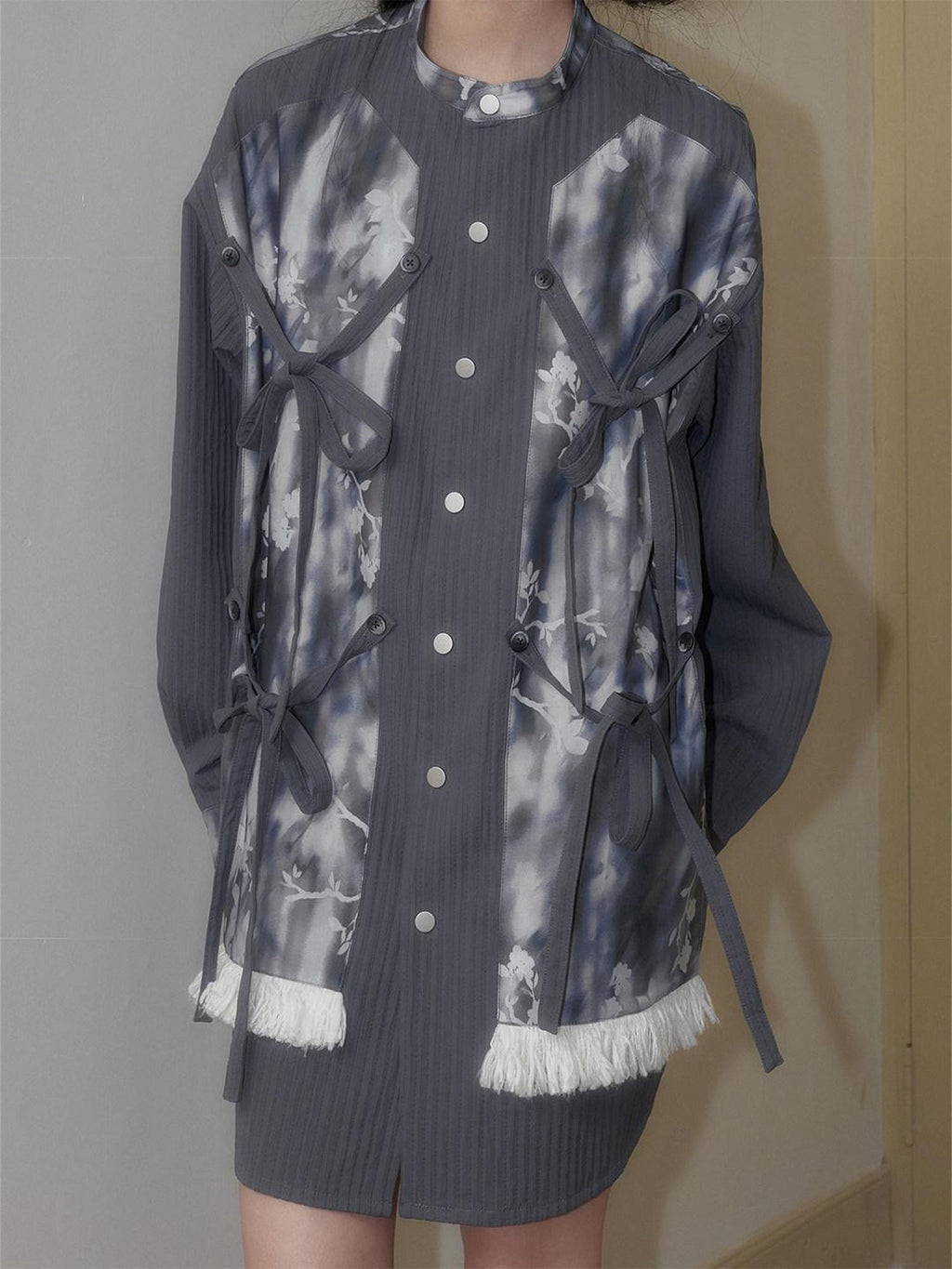 SENSELF Blue Gray Printed Detachable Tie Straps New Chinese Women's Oversized Shirts