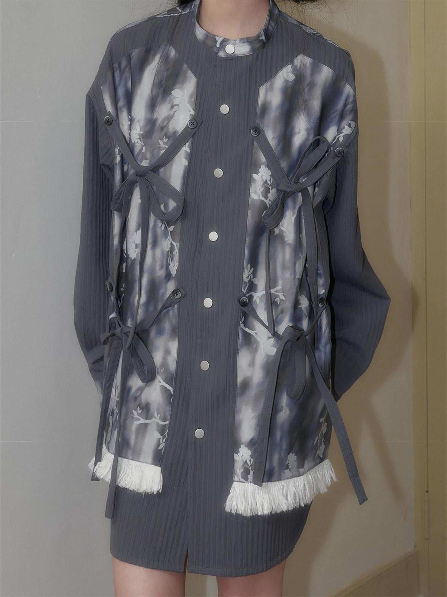 SENSELF Blue Gray Printed Detachable Tie Straps New Chinese Women's Oversized Shirts
