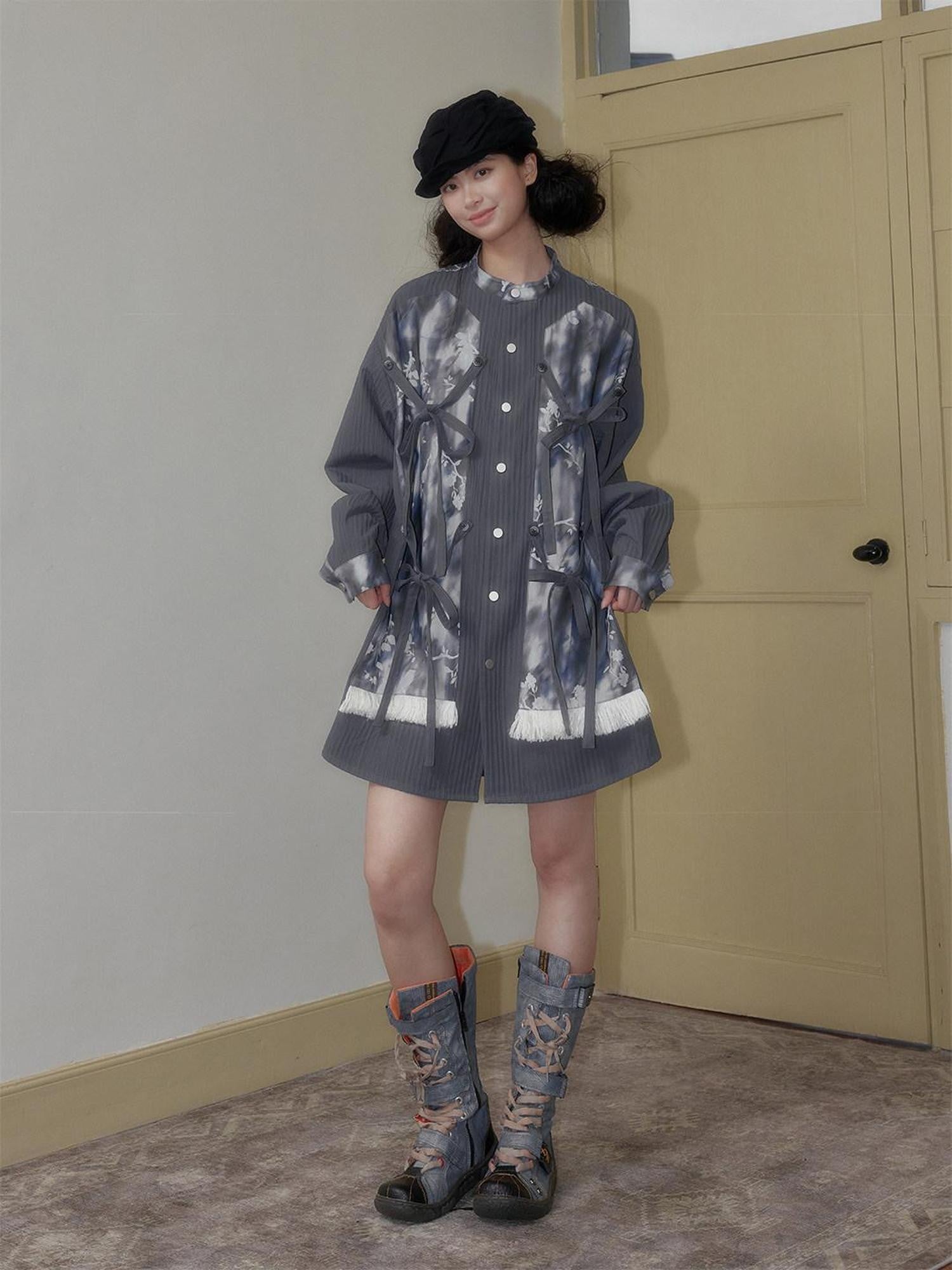 SENSELF Blue Gray Printed Detachable Tie Straps New Chinese Women's Oversized Shirts
