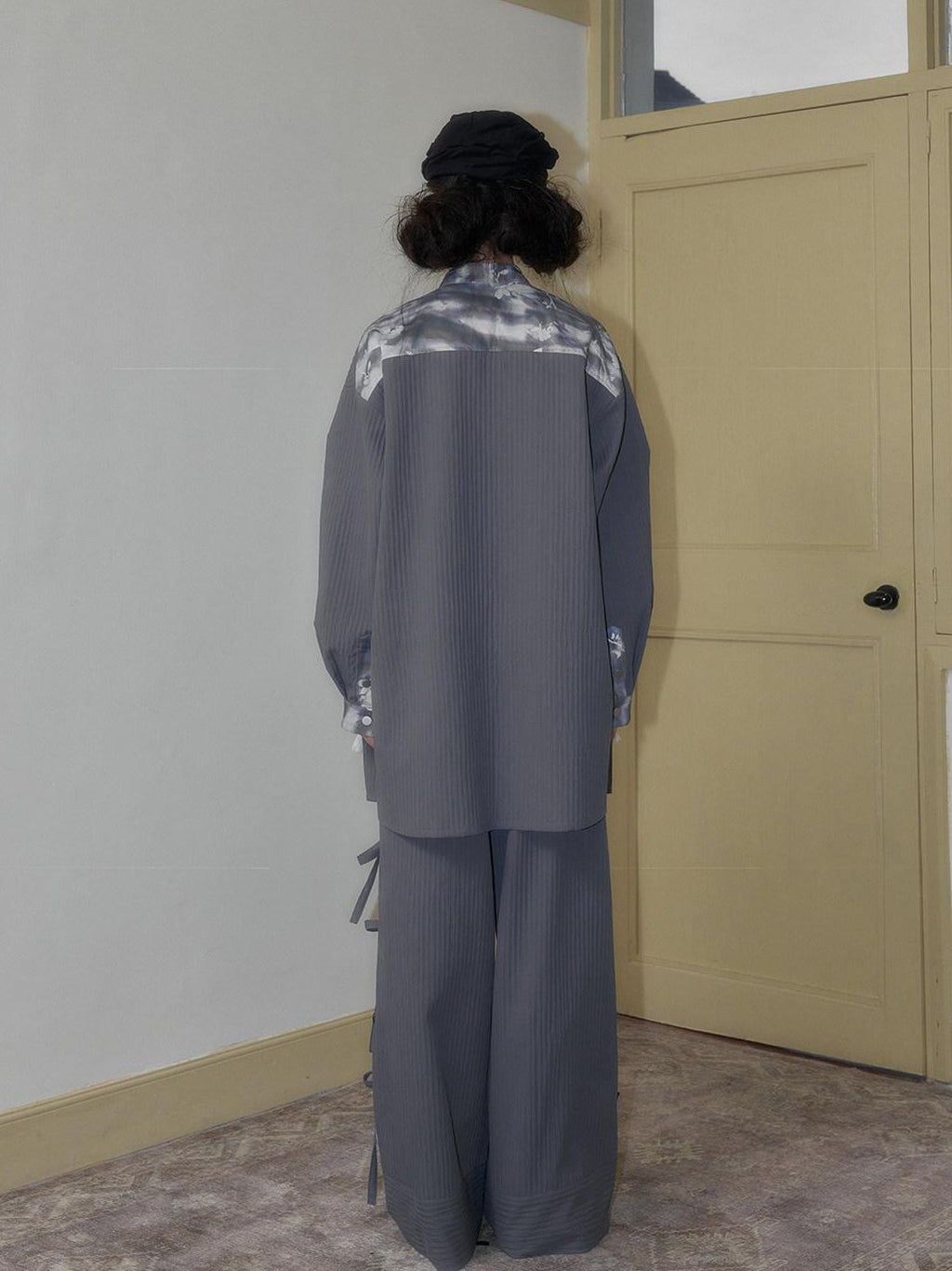 SENSELF Blue Gray Printed Detachable Tie Straps New Chinese Women's Oversized Shirts