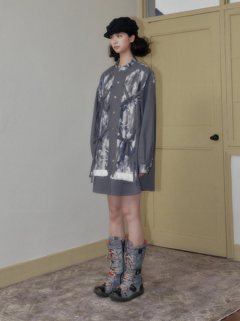 SENSELF Blue Gray Printed Detachable Tie Straps New Chinese Women's Oversized Shirts