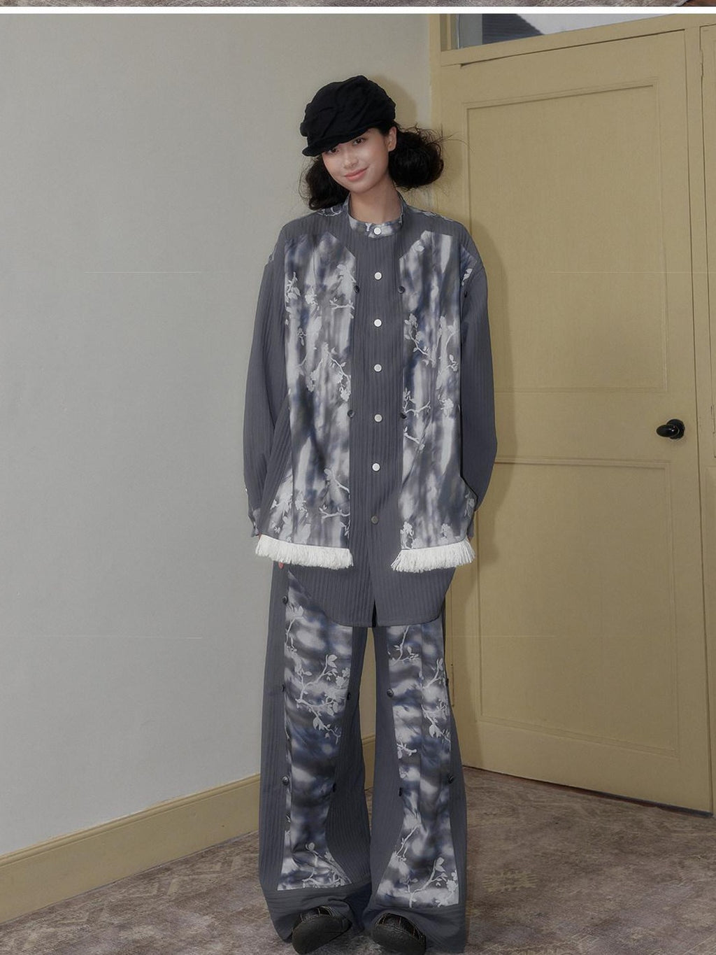 SENSELF Blue Gray Printed Detachable Tie Straps New Chinese Women's Oversized Shirts