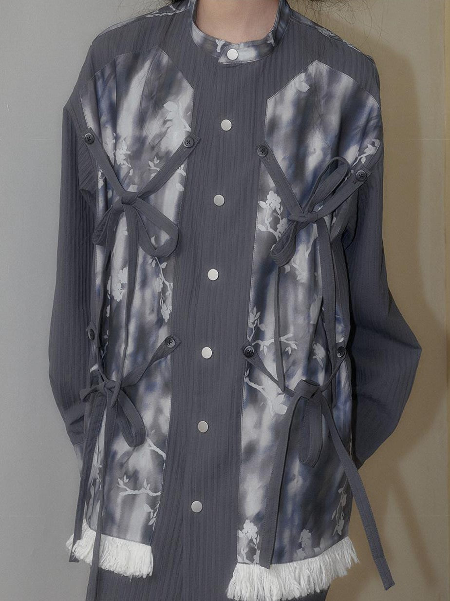 SENSELF Blue Gray Printed Detachable Tie Straps New Chinese Women's Oversized Shirts