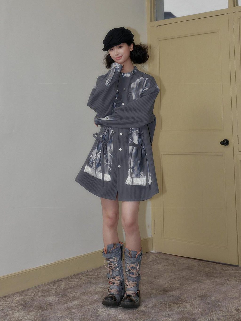 SENSELF Blue Gray Printed Detachable Tie Straps New Chinese Women's Oversized Shirts