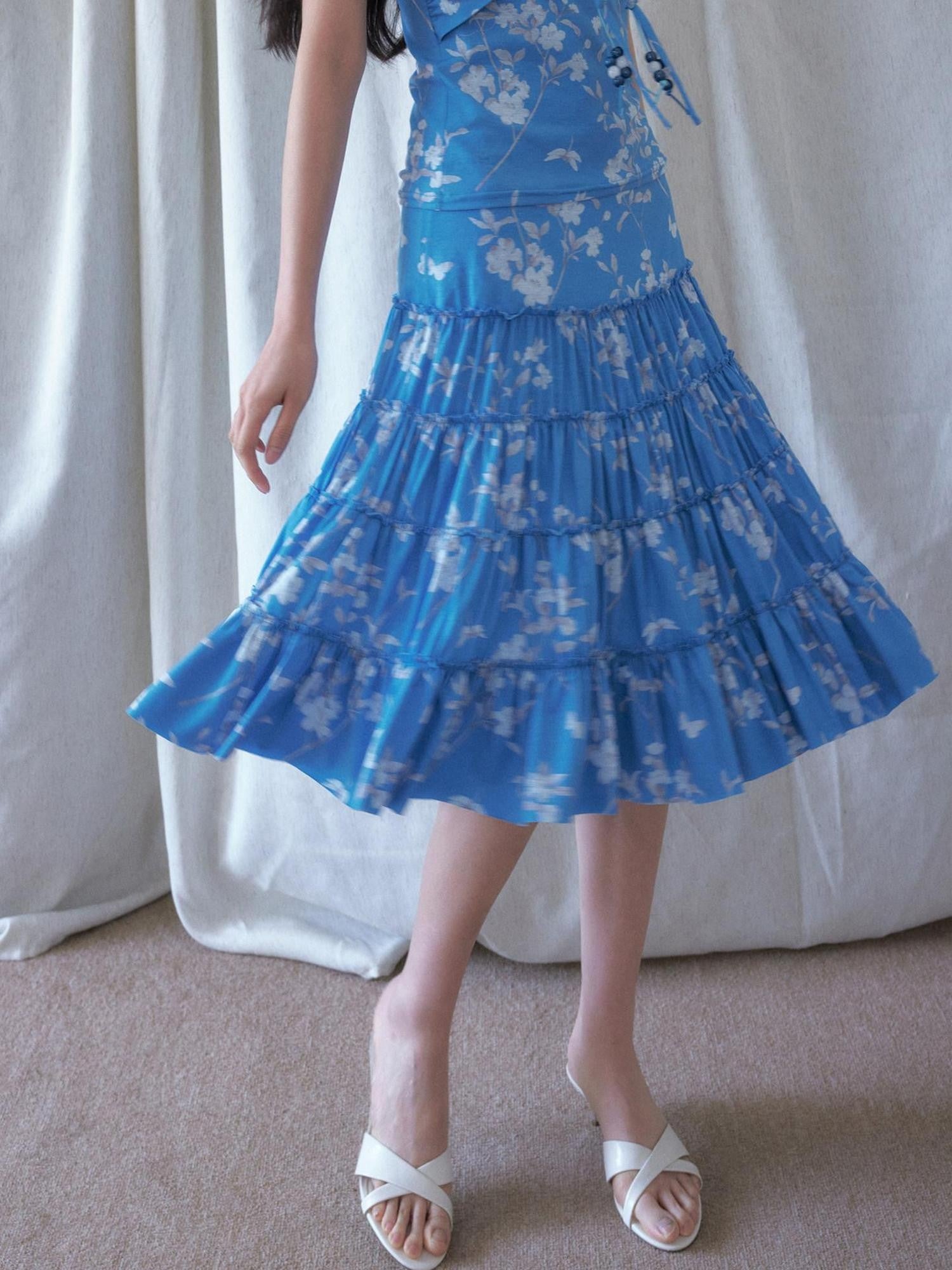 SENSELF Blue Vintage Floral Chinese Print Low Waist Lace Trim Women's Tiered Skirts