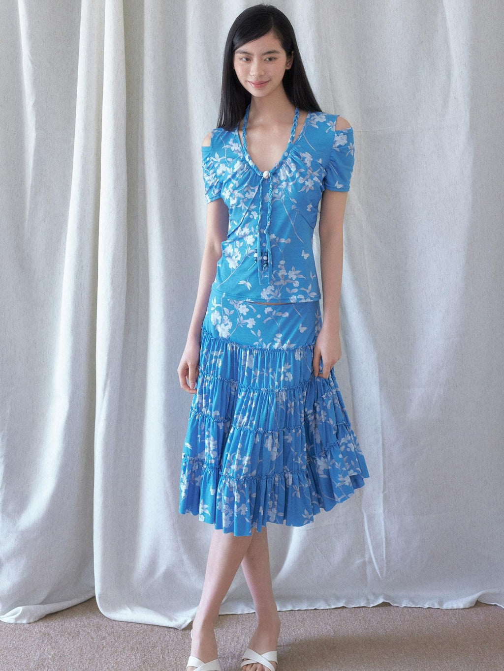 SENSELF Blue Vintage Floral Chinese Print Low Waist Lace Trim Women's Tiered Skirts