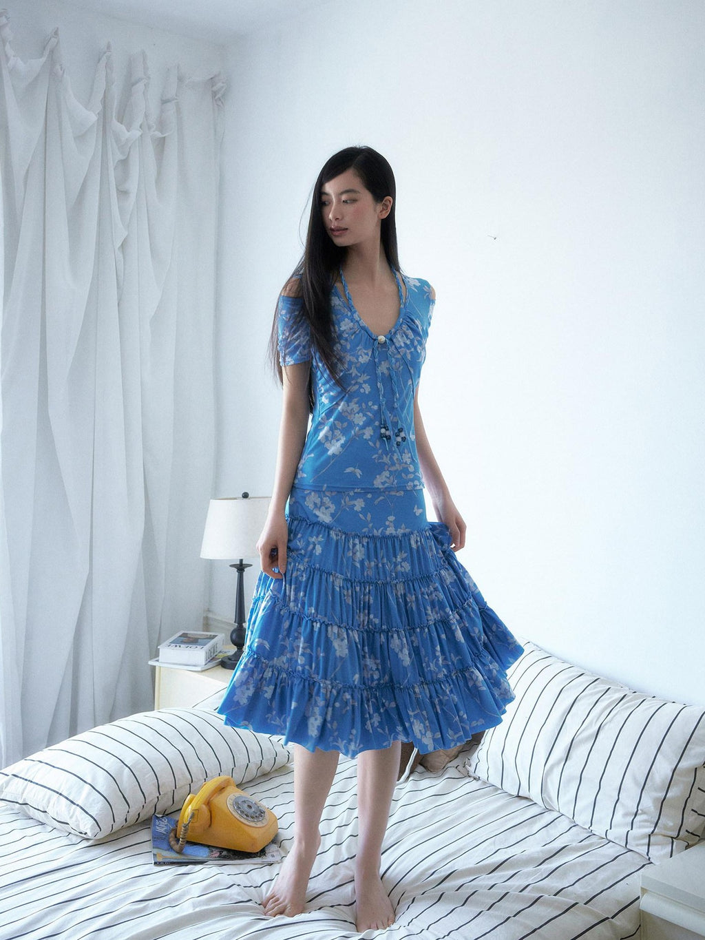 SENSELF Blue Vintage Floral Chinese Print Low Waist Lace Trim Women's Tiered Skirts
