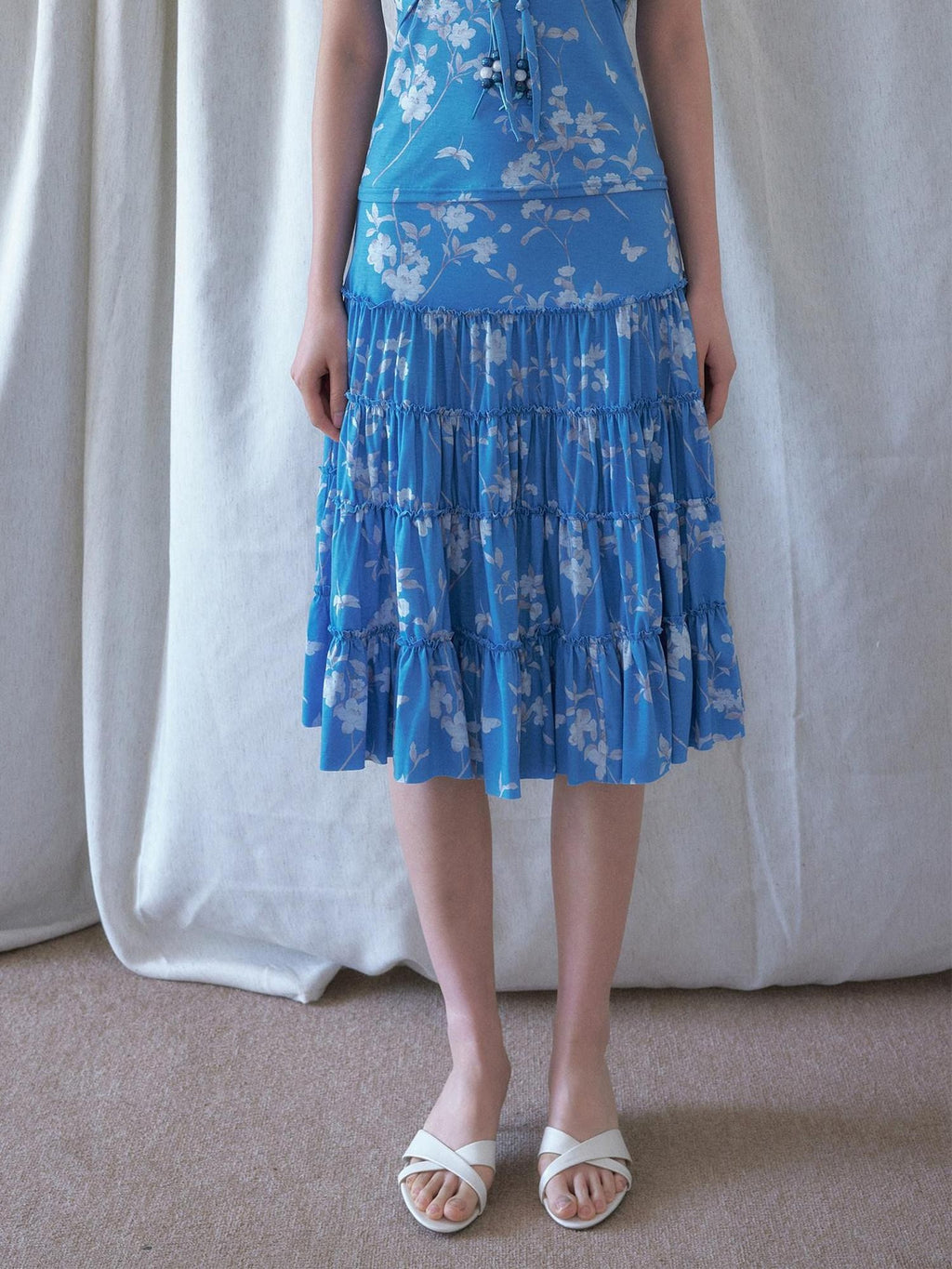 SENSELF Blue Vintage Floral Chinese Print Low Waist Lace Trim Women's Tiered Skirts