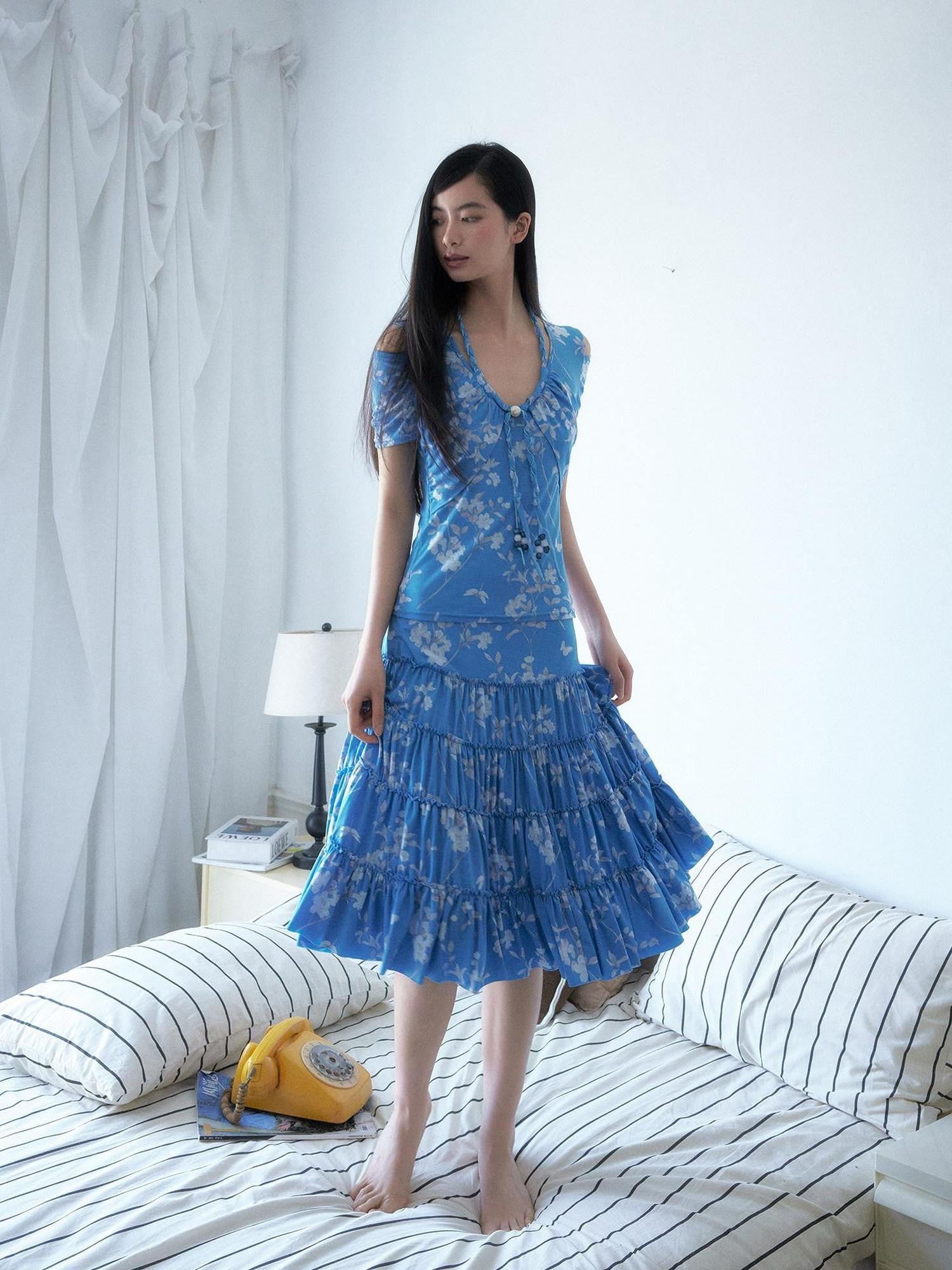 SENSELF Blue Vintage Floral Chinese Print Low Waist Lace Trim Women's Tiered Skirts