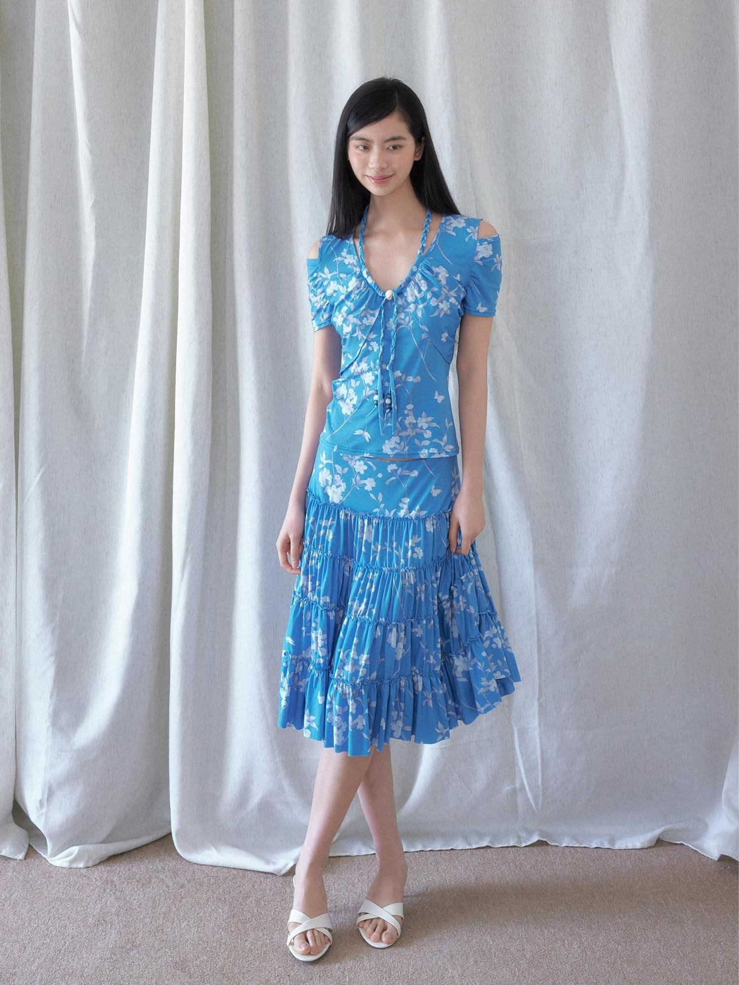 SENSELF Blue Vintage Floral Chinese Print Low Waist Lace Trim Women's Tiered Skirts