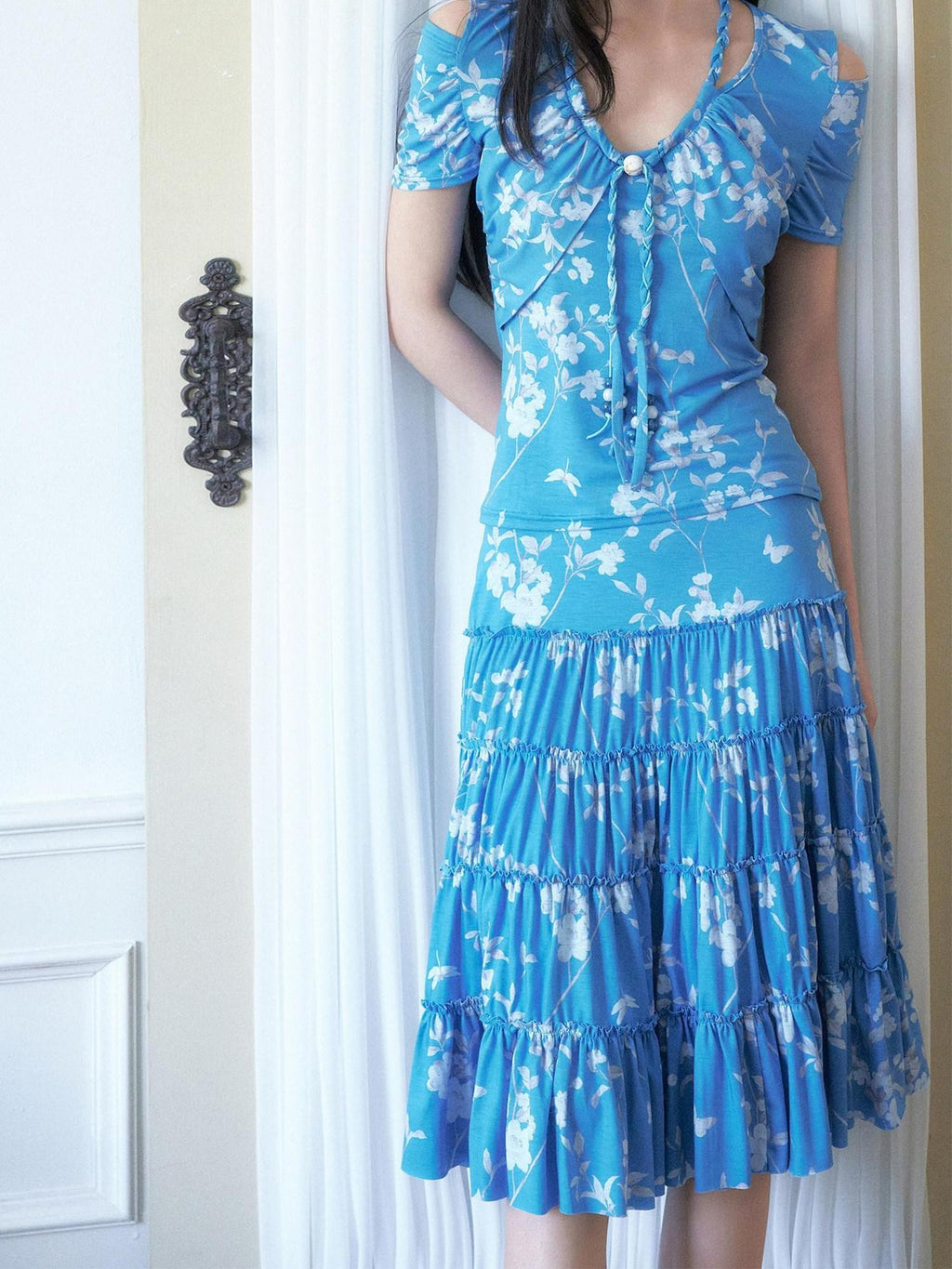 SENSELF Blue Vintage Floral Chinese Print Low Waist Lace Trim Women's Tiered Skirts